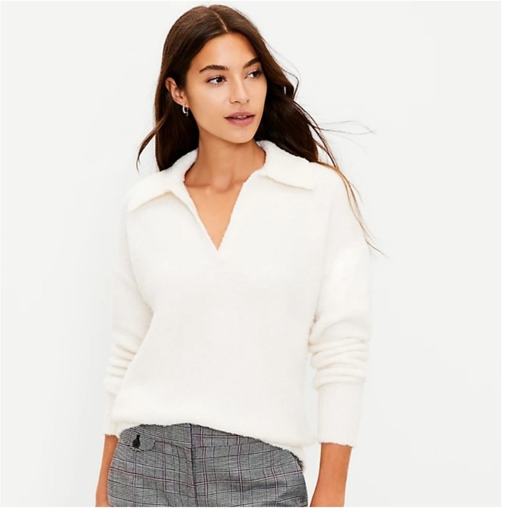 NWT LOFT Boucle Polo Sweater Ivory‎ Cream Soft Knit Size XS